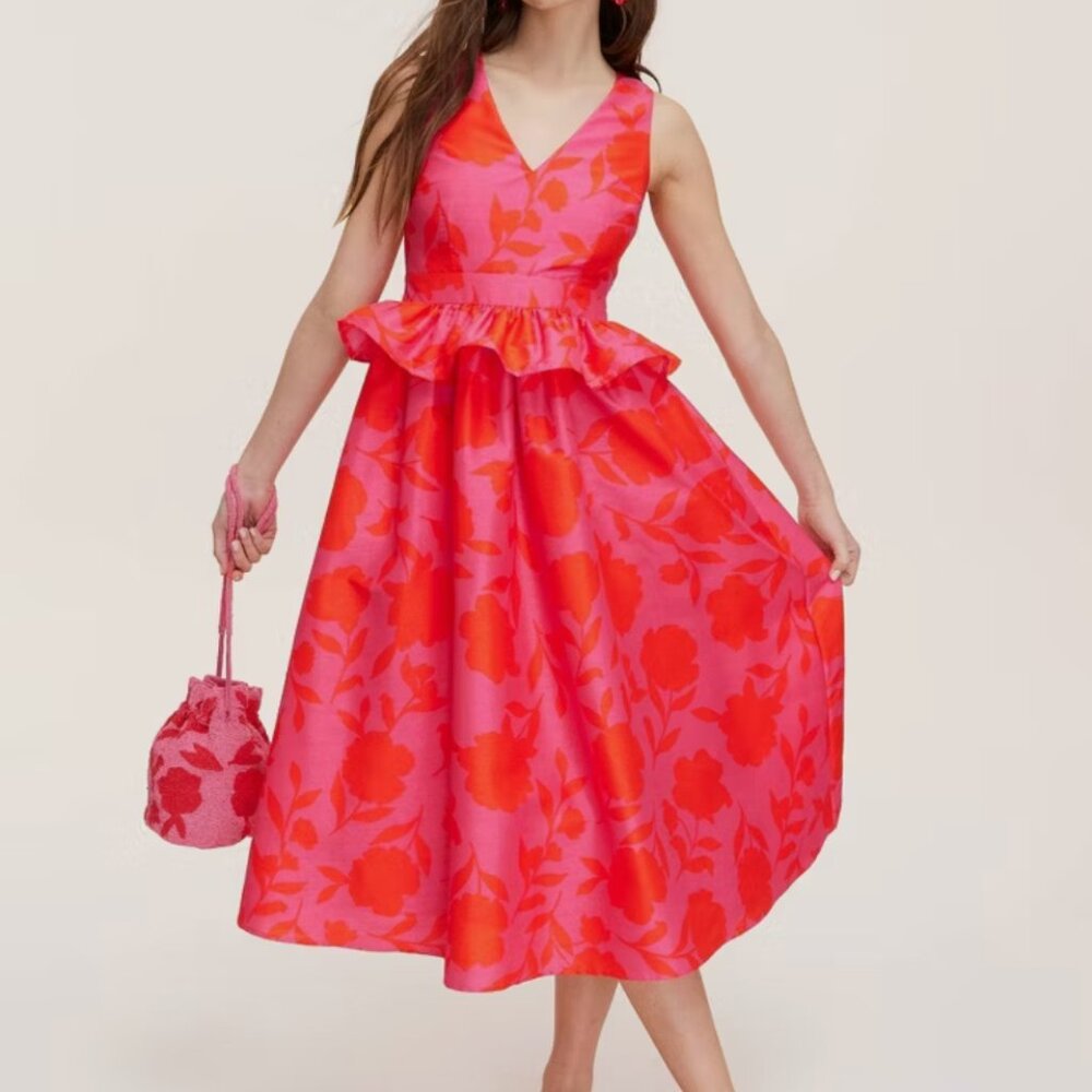 NWOT Kate Spade Womens Classic Rose Peplum Midi Dress Pink/Red Floral Size 00 XS